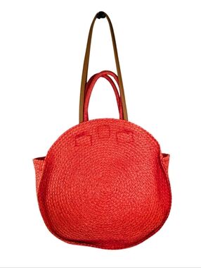 Red Woven Jute Large Round Straw Faux Leather Beach Pool Tote Bag